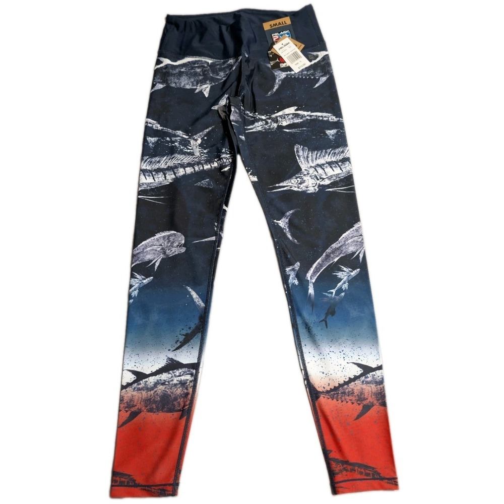 Pelagic Maui Gyotaku Fade Leggings Womens Small RWB Fishing UPF NWT Art